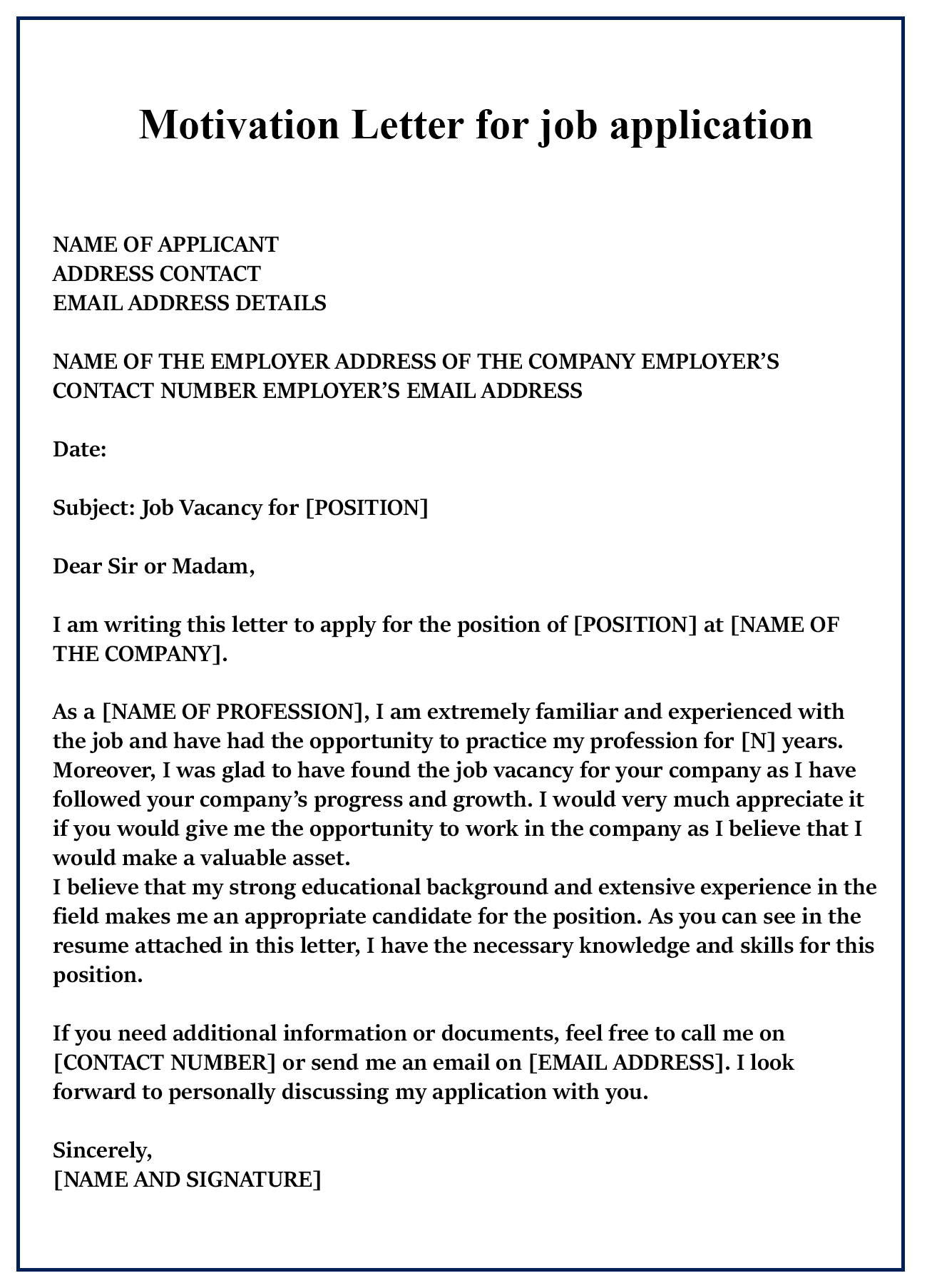 Free Sample Motivation Letter For Job Application Templates