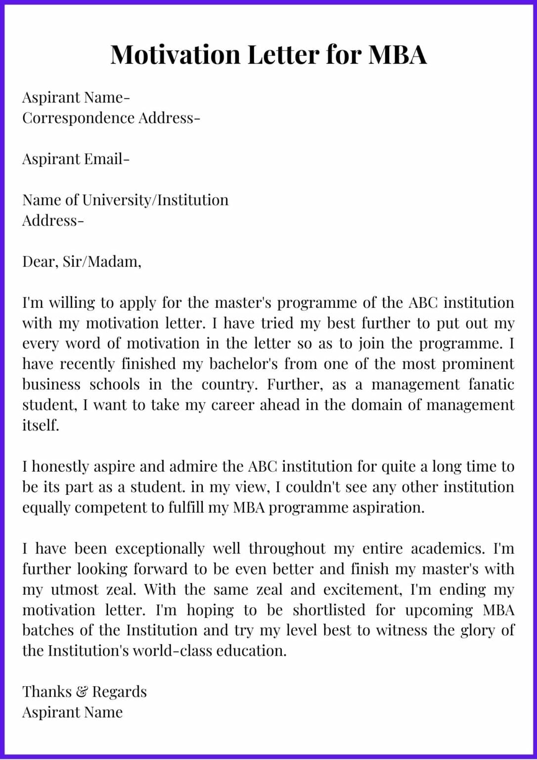 application letter for mba admission