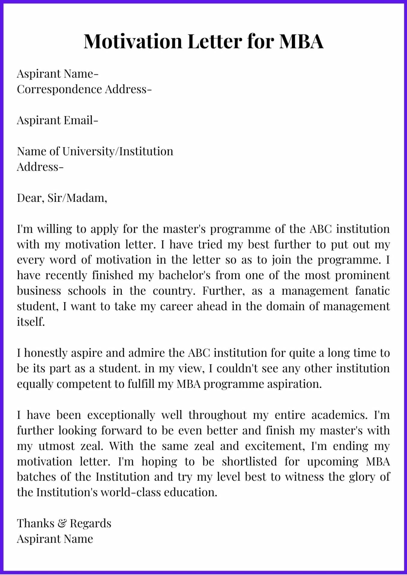 application letter for an mba program