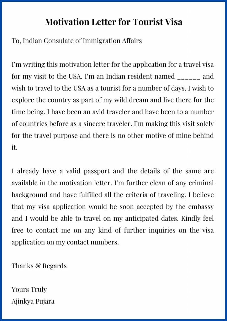 Motivation Letter for Tourist Visa